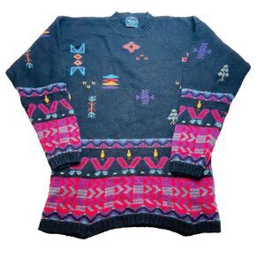 Vintage Woolrich Southwestern Sweater Womens M Black Wool Aztec Navajo Colorful